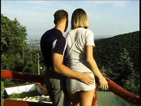 Short haired honey with nice tits sucking and fucking long dick on balcony