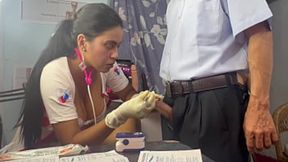 Doctor threesome: she extracts his semen and masturbates the sexy busty patient