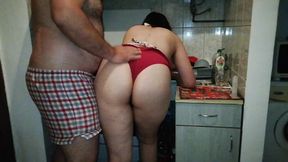 Curvy student fucked in the kitchen by a guy with a big dick&#x1F32D;