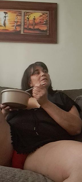 Stepmother having lunch and stepson asks to see more of what he likes about her