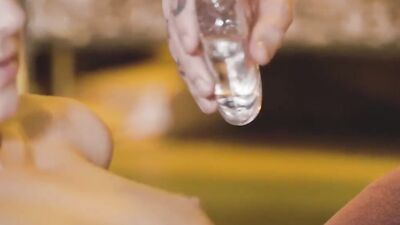 Russian teen chick gets her asshole fucked and creampied by the tattooed stud