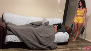 Horny Wife Fucks His Friend on the Couch- Lets Husband Eat Creampie and Fuck Right After